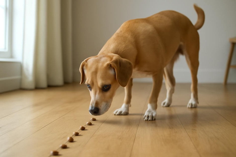 Dog following a scent trail made of treats on the floor