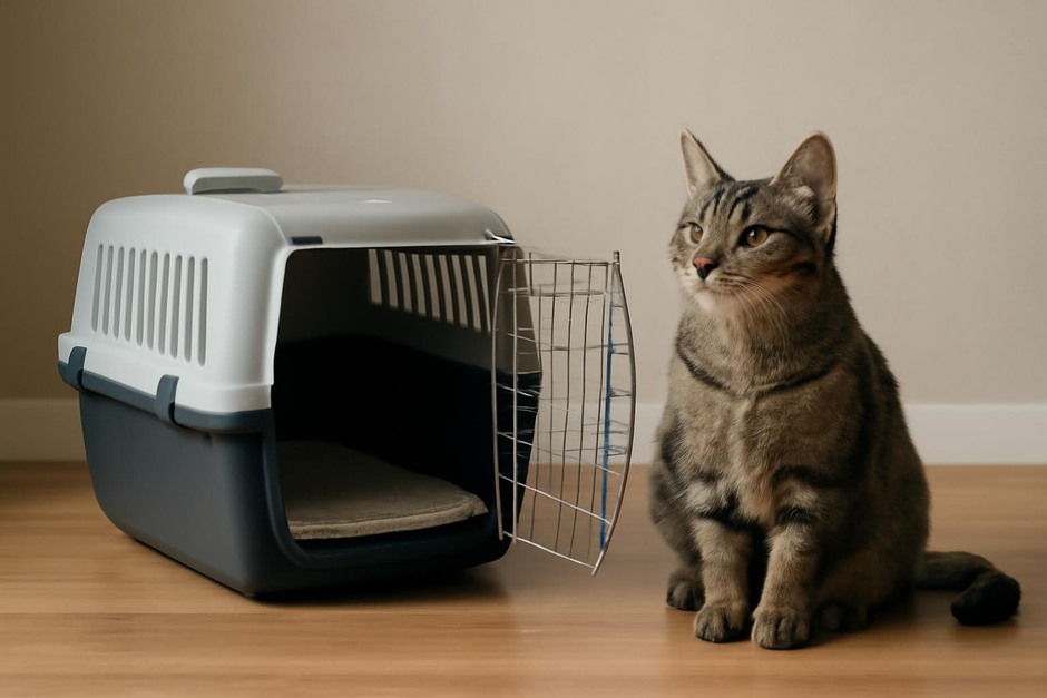 A cat sitting relaxed near an open pet carrier