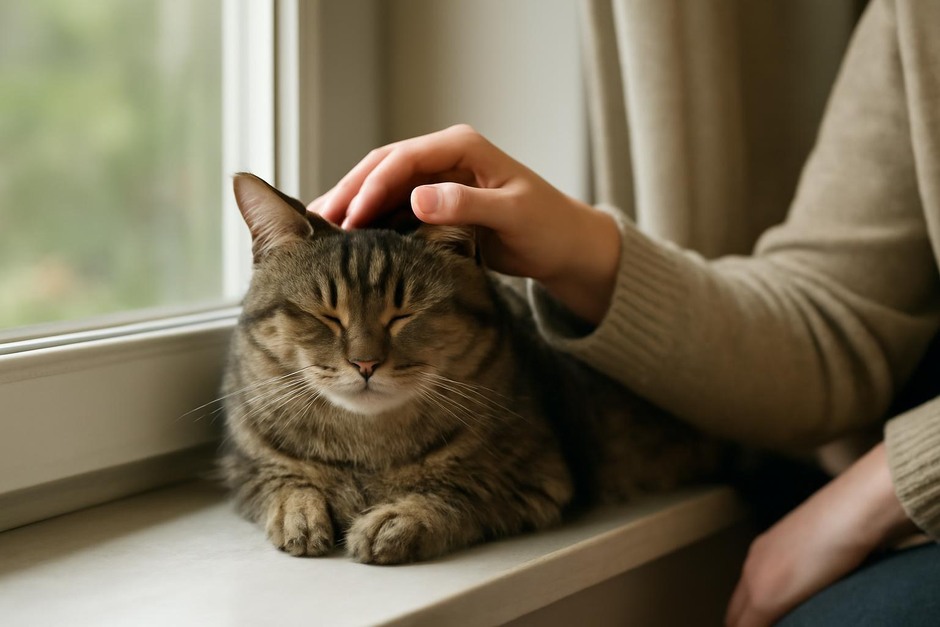 Person gently petting a relaxed cat on a windowsill