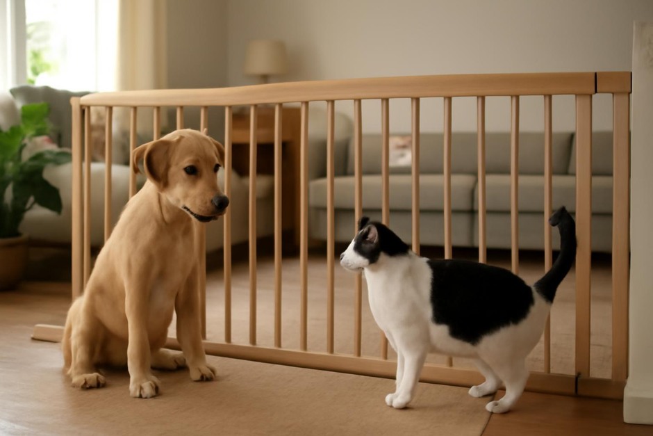 Two pets meeting across a baby gate in a living room