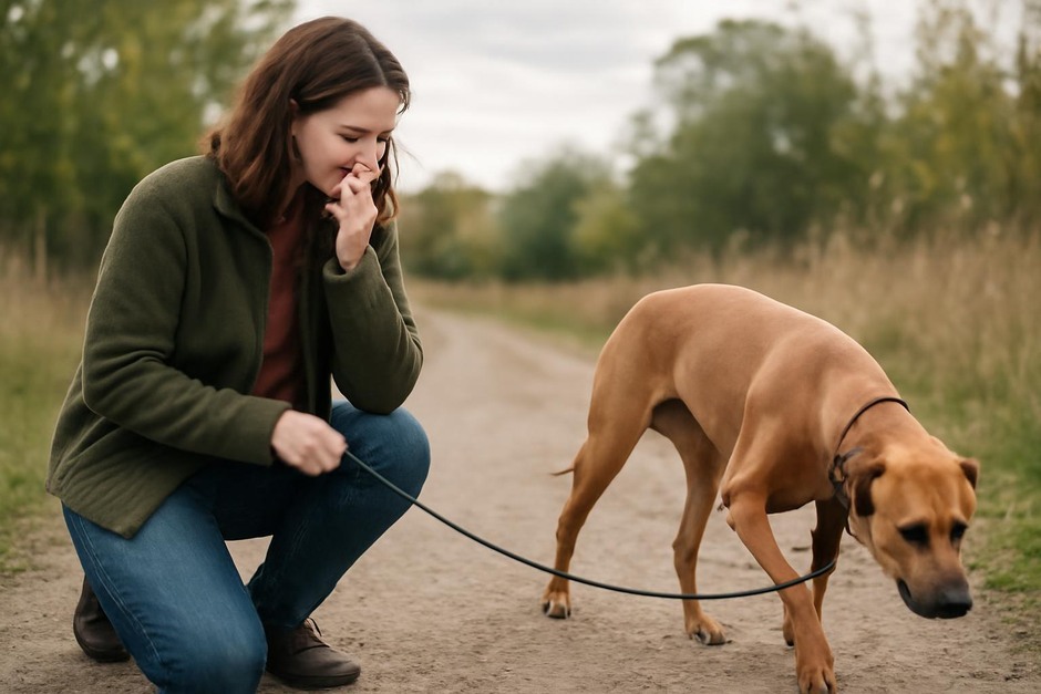 Person observing a dog on a walk, noting its body language