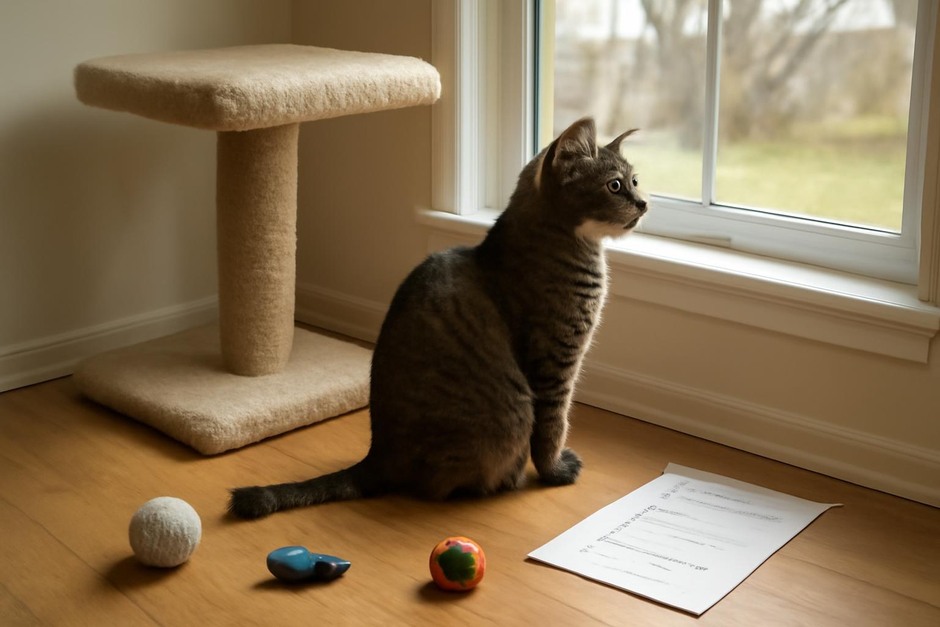Indoor cat looking out a window near toys and a perch
