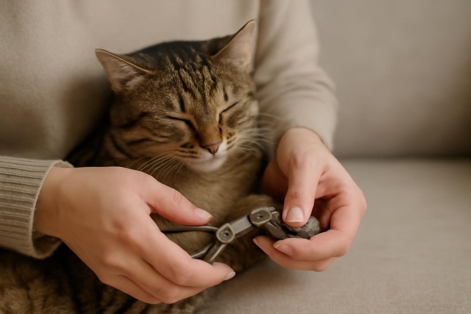A person gently holding a relaxed cat's paw while trimming nails