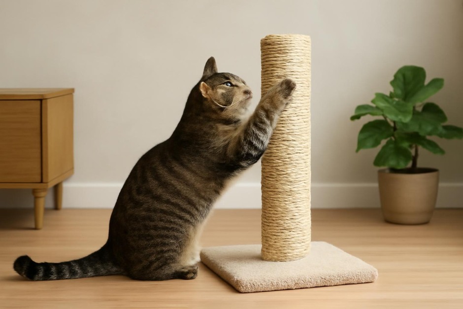 Cat using a vertical sisal scratching post